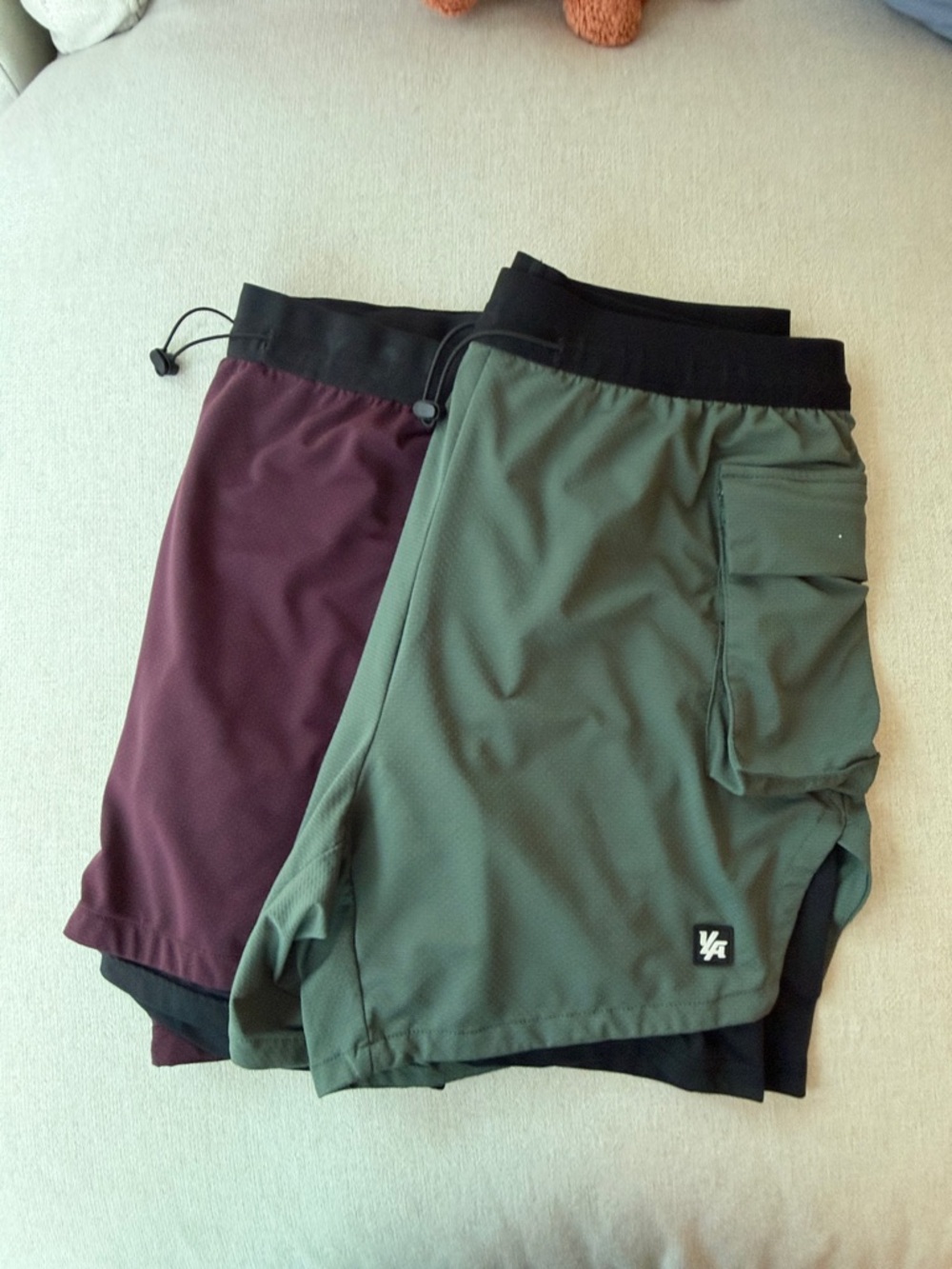 YoungLA Two-Tone Athletic Compression Shorts in Olive Green and Burgundy
